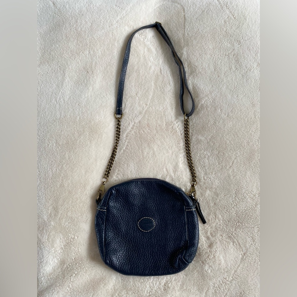 Roots blue leather crossbody purse | made in Canada | pebbled leather